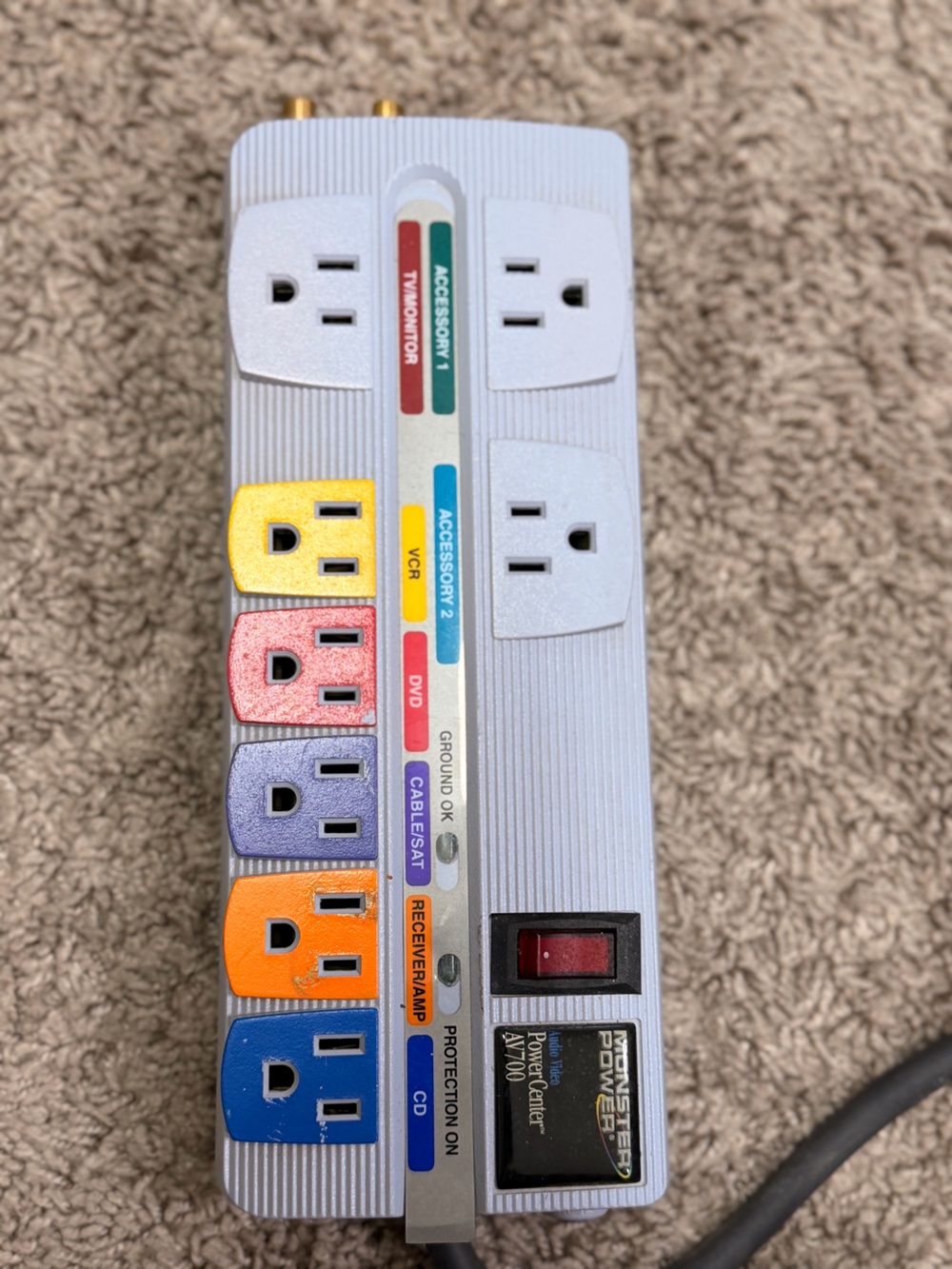 Power Strip with Color-Coded Outlets - White, Yellow, Red, Purple, Orange, Blue